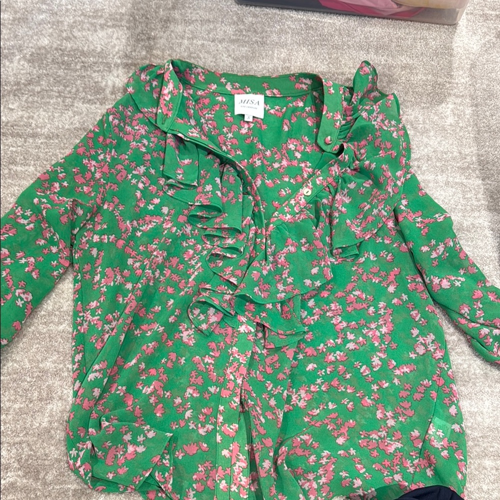 Green Floral Ruffle Blouse